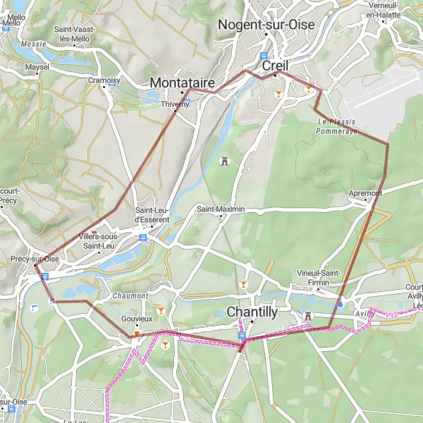 Miniature de la carte de l'inspiration cycliste "Itinéraire de Gravel à travers la Forêt de Chantilly" dans la Picardie, France. Générée par le planificateur d'itinéraire cycliste Tarmacs.app
