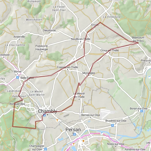 Miniature de la carte de l'inspiration cycliste "Boucle pittoresque autour de Précy-sur-Oise" dans la Picardie, France. Générée par le planificateur d'itinéraire cycliste Tarmacs.app