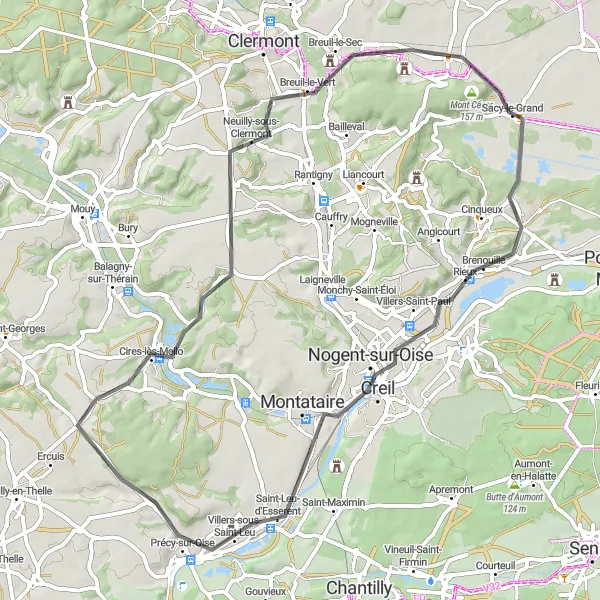 Miniature de la carte de l'inspiration cycliste "Boucle autour de Précy-sur-Oise" dans la Picardie, France. Générée par le planificateur d'itinéraire cycliste Tarmacs.app