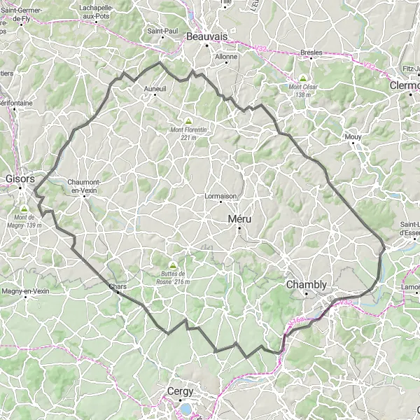 Map miniature of "Beaumont-sur-Oise to Blaincourt-lès-Précy: A Scenic Road Journey" cycling inspiration in Picardie, France. Generated by Tarmacs.app cycling route planner