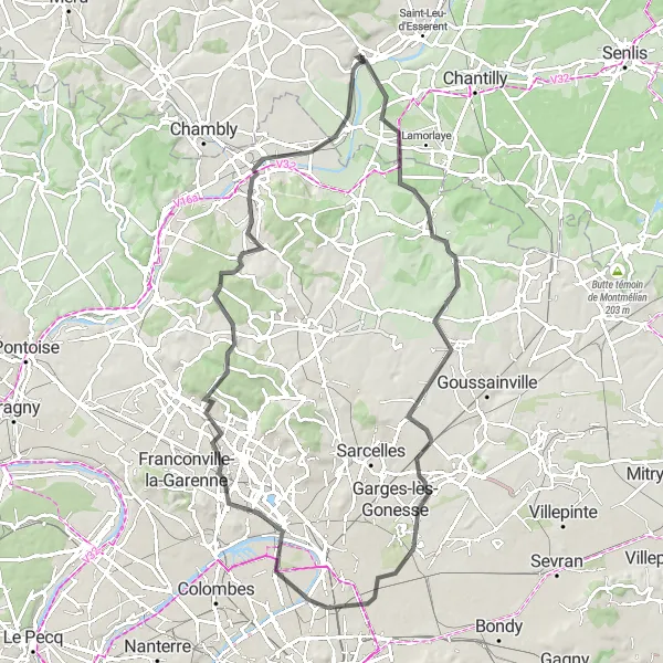 Map miniature of "Précy-sur-Oise Epic Road Adventure" cycling inspiration in Picardie, France. Generated by Tarmacs.app cycling route planner