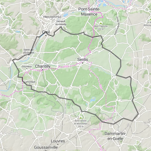 Miniature de la carte de l'inspiration cycliste "Circuit de l'Oise" dans la Picardie, France. Générée par le planificateur d'itinéraire cycliste Tarmacs.app