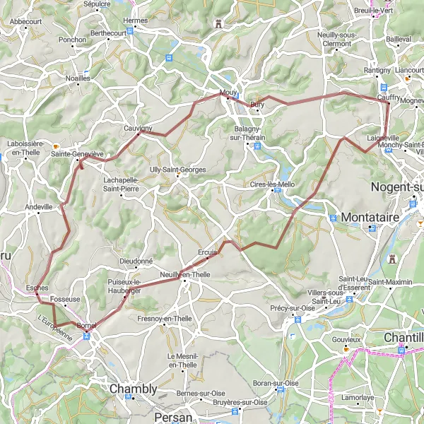 Map miniature of "Thelle Gravel Adventure" cycling inspiration in Picardie, France. Generated by Tarmacs.app cycling route planner