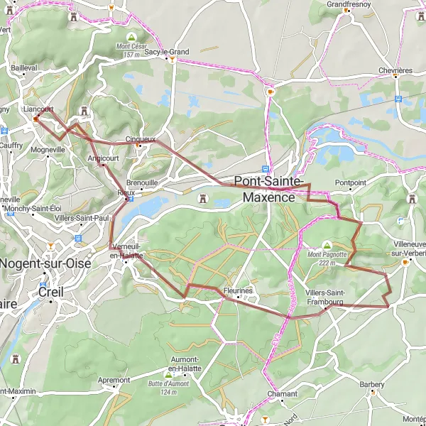 Map miniature of "Pont-Sainte-Maxence Gravel Loop" cycling inspiration in Picardie, France. Generated by Tarmacs.app cycling route planner