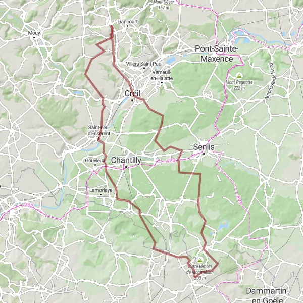 Map miniature of "Creil to Montataire Gravel Adventure" cycling inspiration in Picardie, France. Generated by Tarmacs.app cycling route planner