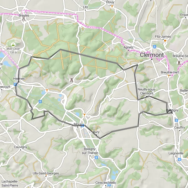 Map miniature of "Angy to Château d'Auvillers Loop" cycling inspiration in Picardie, France. Generated by Tarmacs.app cycling route planner