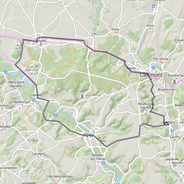 Miniature de la carte de l'inspiration cycliste "Escapade dans l'Oise" dans la Picardie, France. Générée par le planificateur d'itinéraire cycliste Tarmacs.app