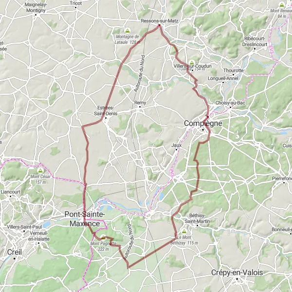 Map miniature of "Gravel Adventure through the Oise Valley" cycling inspiration in Picardie, France. Generated by Tarmacs.app cycling route planner