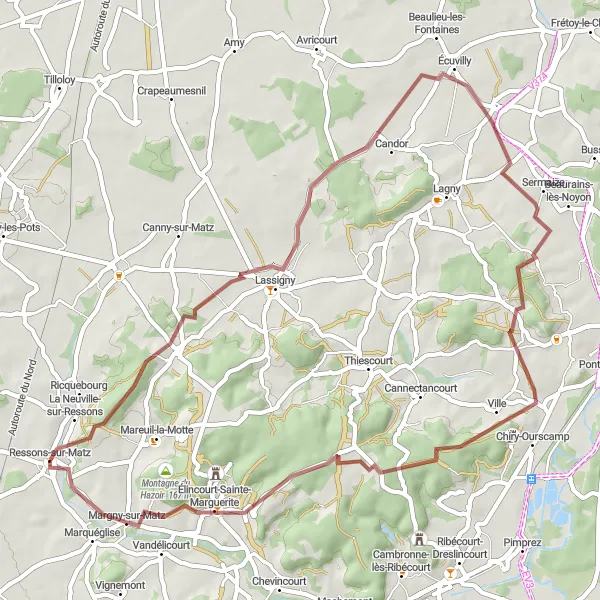 Map miniature of "Gravel Loop around Ressons-sur-Matz" cycling inspiration in Picardie, France. Generated by Tarmacs.app cycling route planner