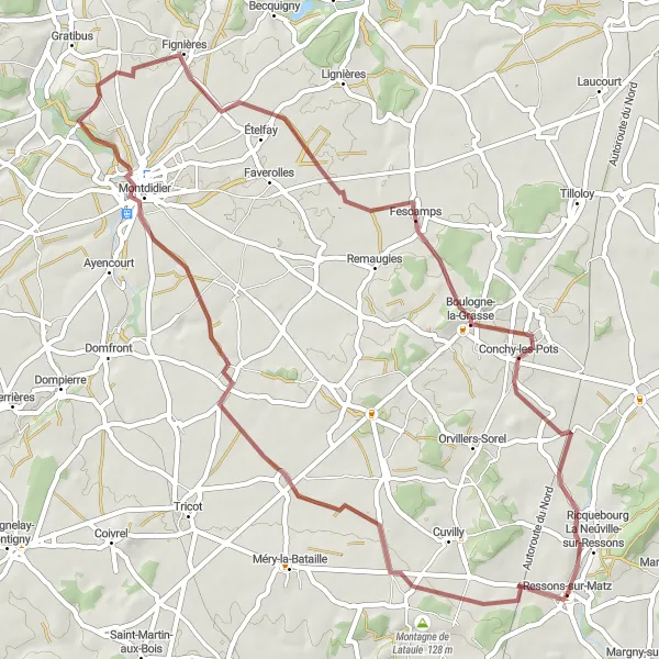 Miniature de la carte de l'inspiration cycliste "Tour des Montelettes" dans la Picardie, France. Générée par le planificateur d'itinéraire cycliste Tarmacs.app