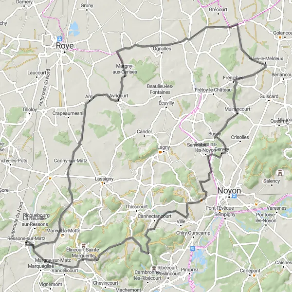 Miniature de la carte de l'inspiration cycliste "Circuit de la Montagne d'Attiche" dans la Picardie, France. Générée par le planificateur d'itinéraire cycliste Tarmacs.app