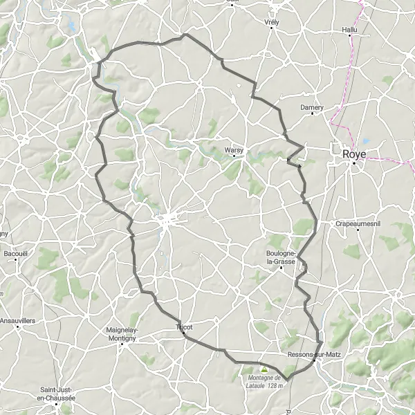 Map miniature of "The Montagne de Lataule Loop" cycling inspiration in Picardie, France. Generated by Tarmacs.app cycling route planner