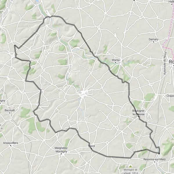 Map miniature of "The Cuvilly Challenge" cycling inspiration in Picardie, France. Generated by Tarmacs.app cycling route planner