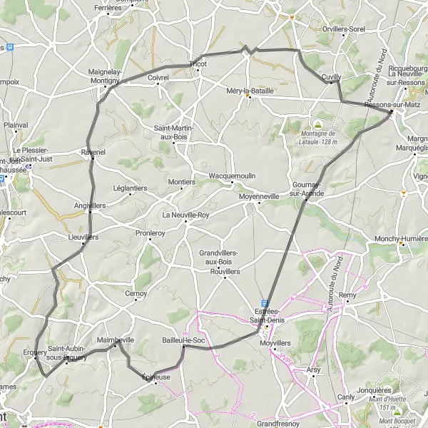 Map miniature of "The Oise Valley Road Cycling Loop" cycling inspiration in Picardie, France. Generated by Tarmacs.app cycling route planner