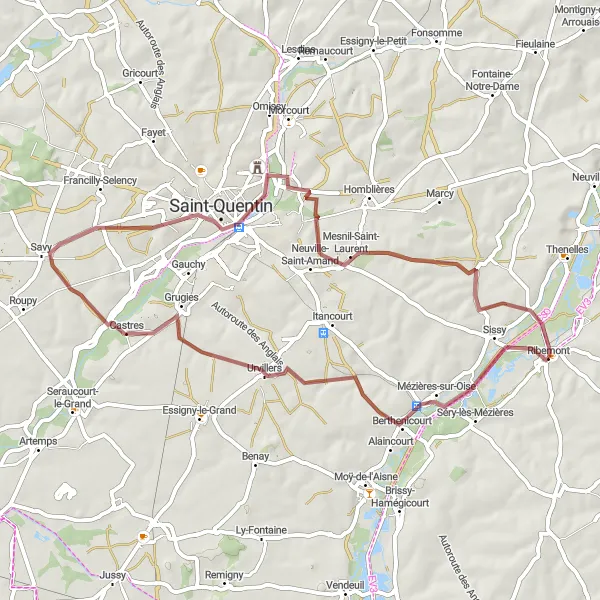 Miniature de la carte de l'inspiration cycliste "La Boucle du Bocage" dans la Picardie, France. Générée par le planificateur d'itinéraire cycliste Tarmacs.app