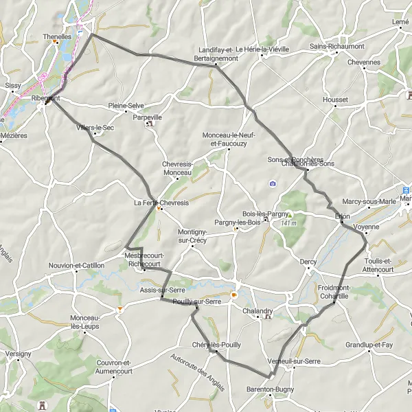 Map miniature of "Ribemont Road Loop" cycling inspiration in Picardie, France. Generated by Tarmacs.app cycling route planner