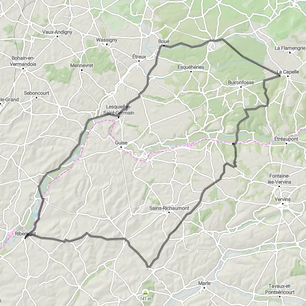 Map miniature of "Ribemont and the Villages of Southern Laonnois" cycling inspiration in Picardie, France. Generated by Tarmacs.app cycling route planner