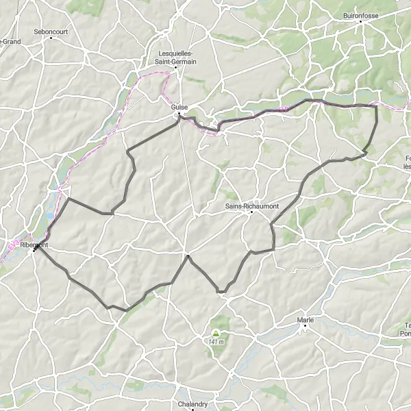 Map miniature of "Thiérache and Oise Road Ride" cycling inspiration in Picardie, France. Generated by Tarmacs.app cycling route planner