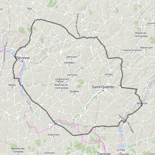 Miniature de la carte de l'inspiration cycliste "Parcours champêtre vers Regny" dans la Picardie, France. Générée par le planificateur d'itinéraire cycliste Tarmacs.app