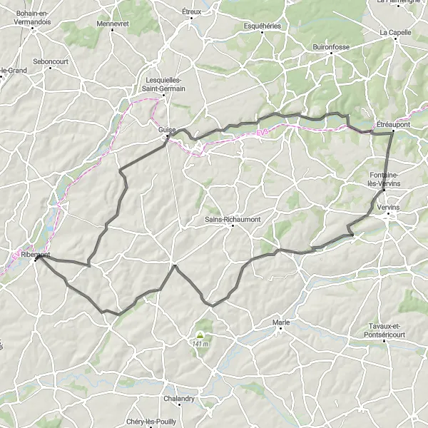 Map miniature of "Laonnois Plateau Cycling Challenge" cycling inspiration in Picardie, France. Generated by Tarmacs.app cycling route planner