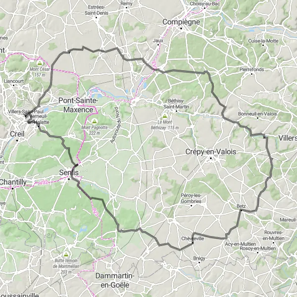 Map miniature of "The Road Cycling Adventure through Senlis and Ermenonville" cycling inspiration in Picardie, France. Generated by Tarmacs.app cycling route planner