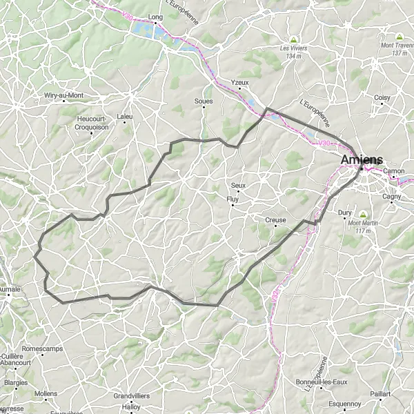Miniature de la carte de l'inspiration cycliste "La Route des Abbayes et des Hortillonnages" dans la Picardie, France. Générée par le planificateur d'itinéraire cycliste Tarmacs.app