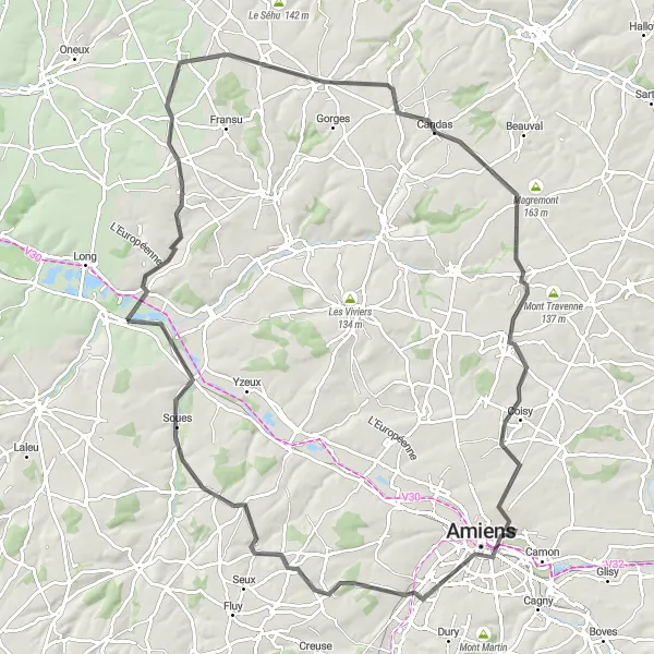 Map miniature of "Grand Tour of the Somme Valley" cycling inspiration in Picardie, France. Generated by Tarmacs.app cycling route planner