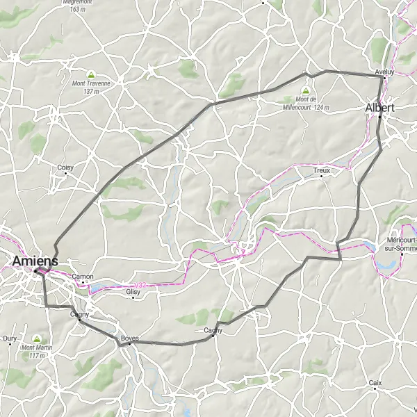 Map miniature of "Beaucourt-sur-l'Hallue Loop" cycling inspiration in Picardie, France. Generated by Tarmacs.app cycling route planner