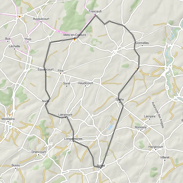 Miniature de la carte de l'inspiration cycliste "Escapade champêtre à travers Équancourt et Gonnelieu" dans la Picardie, France. Générée par le planificateur d'itinéraire cycliste Tarmacs.app