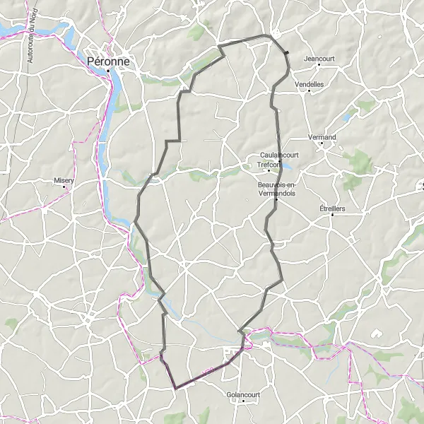 Miniature de la carte de l'inspiration cycliste "Tour panoramique de Bernes à Tincourt-Boucly" dans la Picardie, France. Générée par le planificateur d'itinéraire cycliste Tarmacs.app