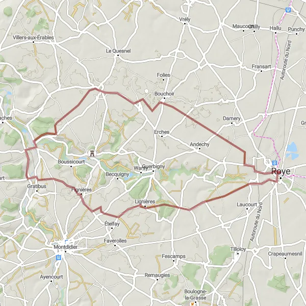 Miniature de la carte de l'inspiration cycliste "Parcours Gravel des Bois et des Châteaux" dans la Picardie, France. Générée par le planificateur d'itinéraire cycliste Tarmacs.app