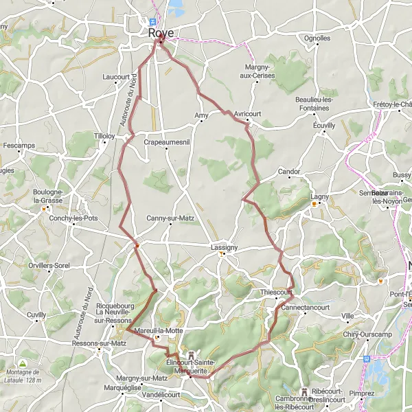 Miniature de la carte de l'inspiration cycliste "Boucle Gravel des Collines de l'Oise" dans la Picardie, France. Générée par le planificateur d'itinéraire cycliste Tarmacs.app