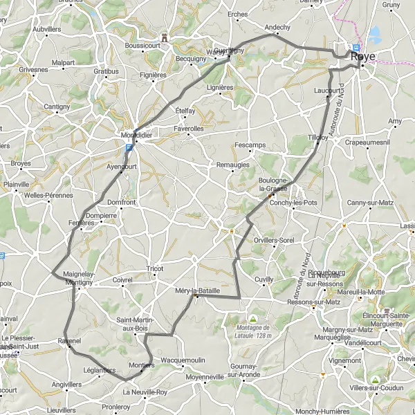 Map miniature of "The Countryside Escape" cycling inspiration in Picardie, France. Generated by Tarmacs.app cycling route planner