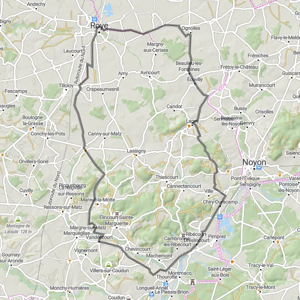 Miniature de la carte de l'inspiration cycliste "Escapade à travers la campagne" dans la Picardie, France. Générée par le planificateur d'itinéraire cycliste Tarmacs.app