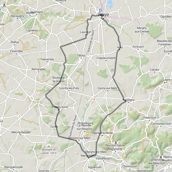 Map miniature of "Discover the Matz Valley: Roye to Laucourt" cycling inspiration in Picardie, France. Generated by Tarmacs.app cycling route planner