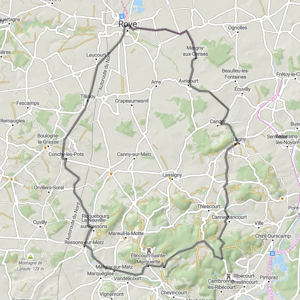 Map miniature of "The Hills and Valleys Loop" cycling inspiration in Picardie, France. Generated by Tarmacs.app cycling route planner