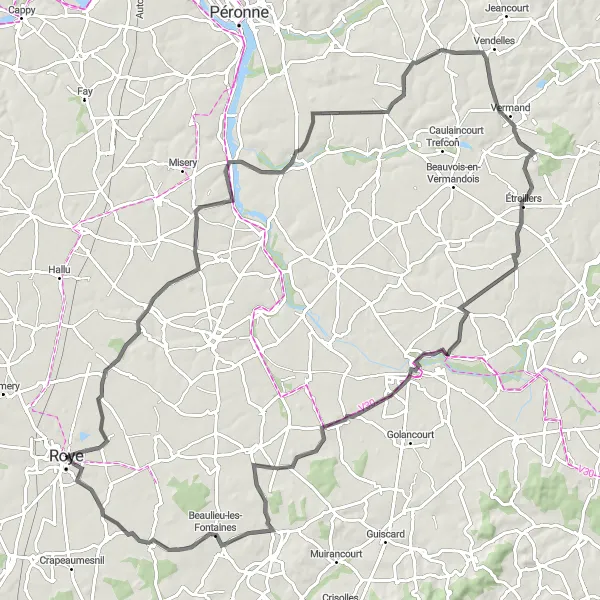 Map miniature of "Roye to Verpillières Loop" cycling inspiration in Picardie, France. Generated by Tarmacs.app cycling route planner