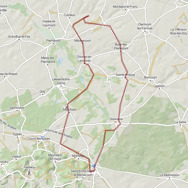 Map miniature of "Château de Marchais Loop" cycling inspiration in Picardie, France. Generated by Tarmacs.app cycling route planner