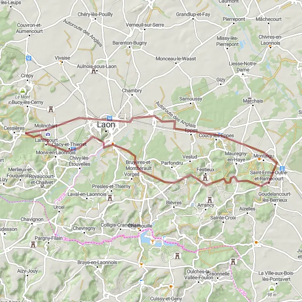Miniature de la carte de l'inspiration cycliste "Vallées et Châteaux en Gravel" dans la Picardie, France. Générée par le planificateur d'itinéraire cycliste Tarmacs.app