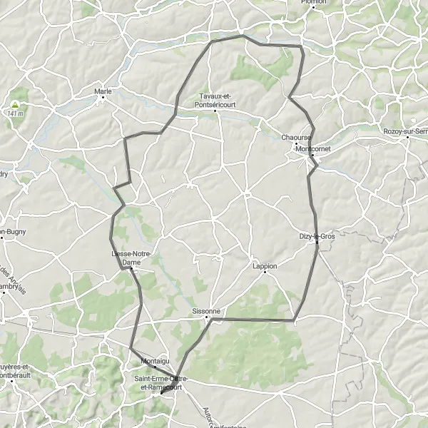 Map miniature of "The Missy-lès-Pierrepont Loop" cycling inspiration in Picardie, France. Generated by Tarmacs.app cycling route planner