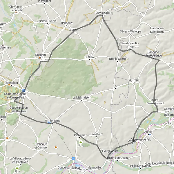 Miniature de la carte de l'inspiration cycliste "Parcours de Lappion" dans la Picardie, France. Générée par le planificateur d'itinéraire cycliste Tarmacs.app