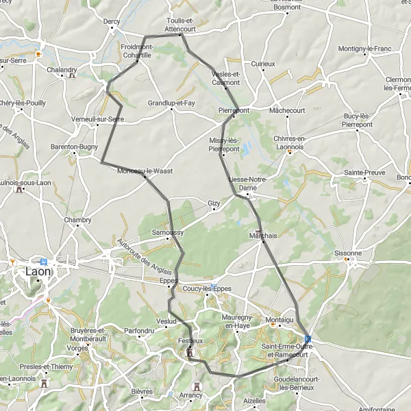 Miniature de la carte de l'inspiration cycliste "Tour de Liesse-Notre-Dame" dans la Picardie, France. Générée par le planificateur d'itinéraire cycliste Tarmacs.app