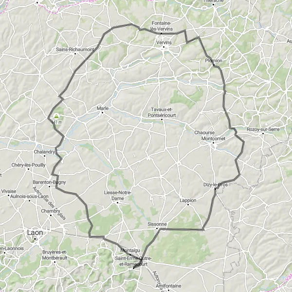 Map miniature of "Grand Tour of Eastern Picardie" cycling inspiration in Picardie, France. Generated by Tarmacs.app cycling route planner