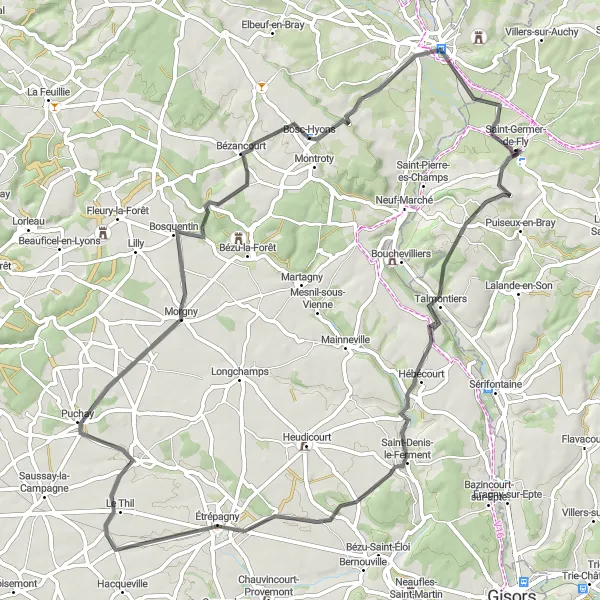Miniature de la carte de l'inspiration cycliste "Parcours de 70 km à travers les villages de l'Eure" dans la Picardie, France. Générée par le planificateur d'itinéraire cycliste Tarmacs.app