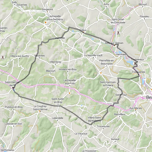 Map miniature of "Hanvoile to Saint-Germer-de-Fly Loop" cycling inspiration in Picardie, France. Generated by Tarmacs.app cycling route planner