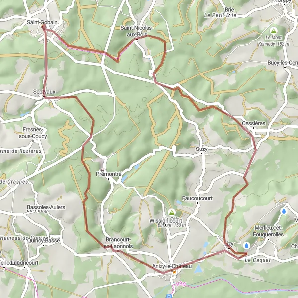 Miniature de la carte de l'inspiration cycliste "Tour des Bois de Saint-Gobain" dans la Picardie, France. Générée par le planificateur d'itinéraire cycliste Tarmacs.app