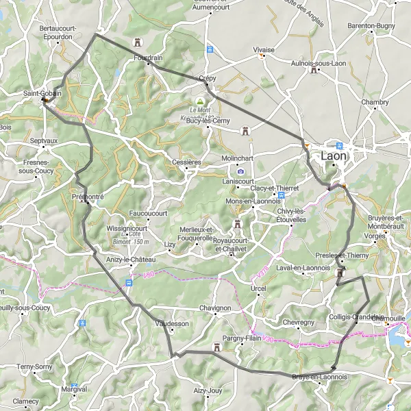 Map miniature of "Fourdrain to Saint-Gobain" cycling inspiration in Picardie, France. Generated by Tarmacs.app cycling route planner