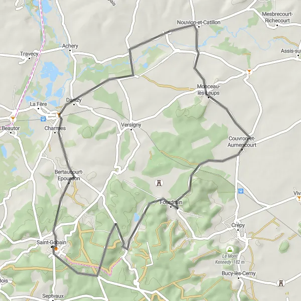 Map miniature of "Explore the Countryside: Bertaucourt-Epourdon and Saint-Gobain" cycling inspiration in Picardie, France. Generated by Tarmacs.app cycling route planner