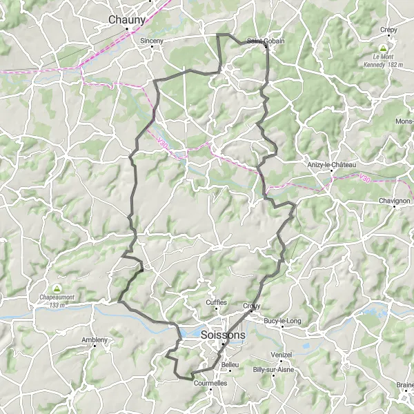 Miniature de la carte de l'inspiration cycliste "Parcours des Vallées et Villages" dans la Picardie, France. Générée par le planificateur d'itinéraire cycliste Tarmacs.app