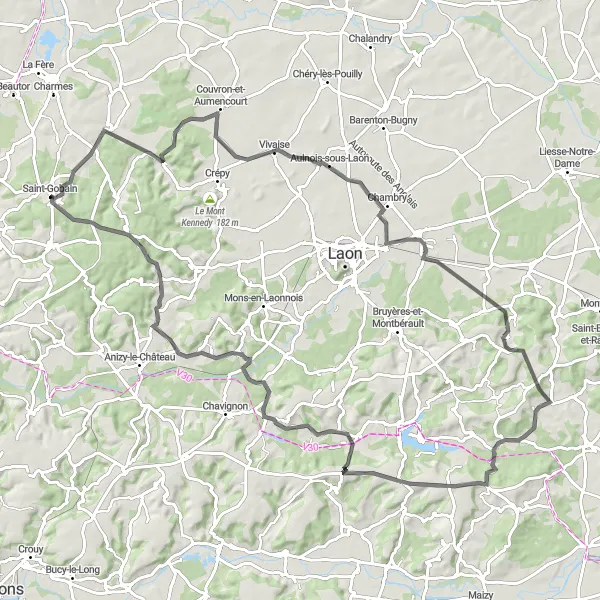 Miniature de la carte de l'inspiration cycliste "Circuit de la Vallée de l'Ailette" dans la Picardie, France. Générée par le planificateur d'itinéraire cycliste Tarmacs.app
